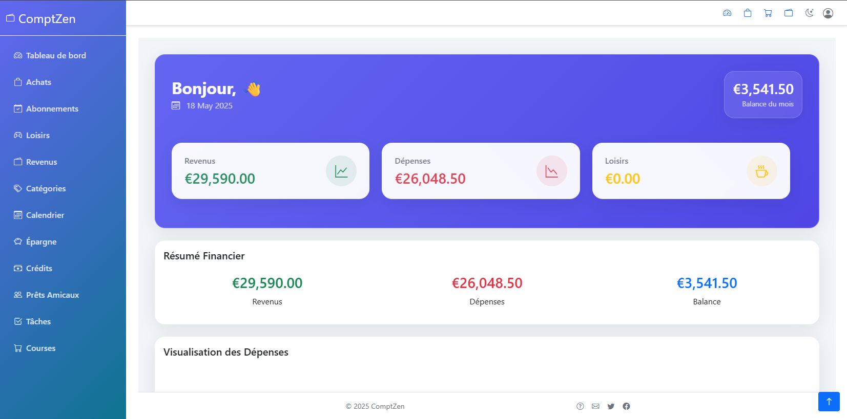 Aperçu du tableau de bord ComptZen